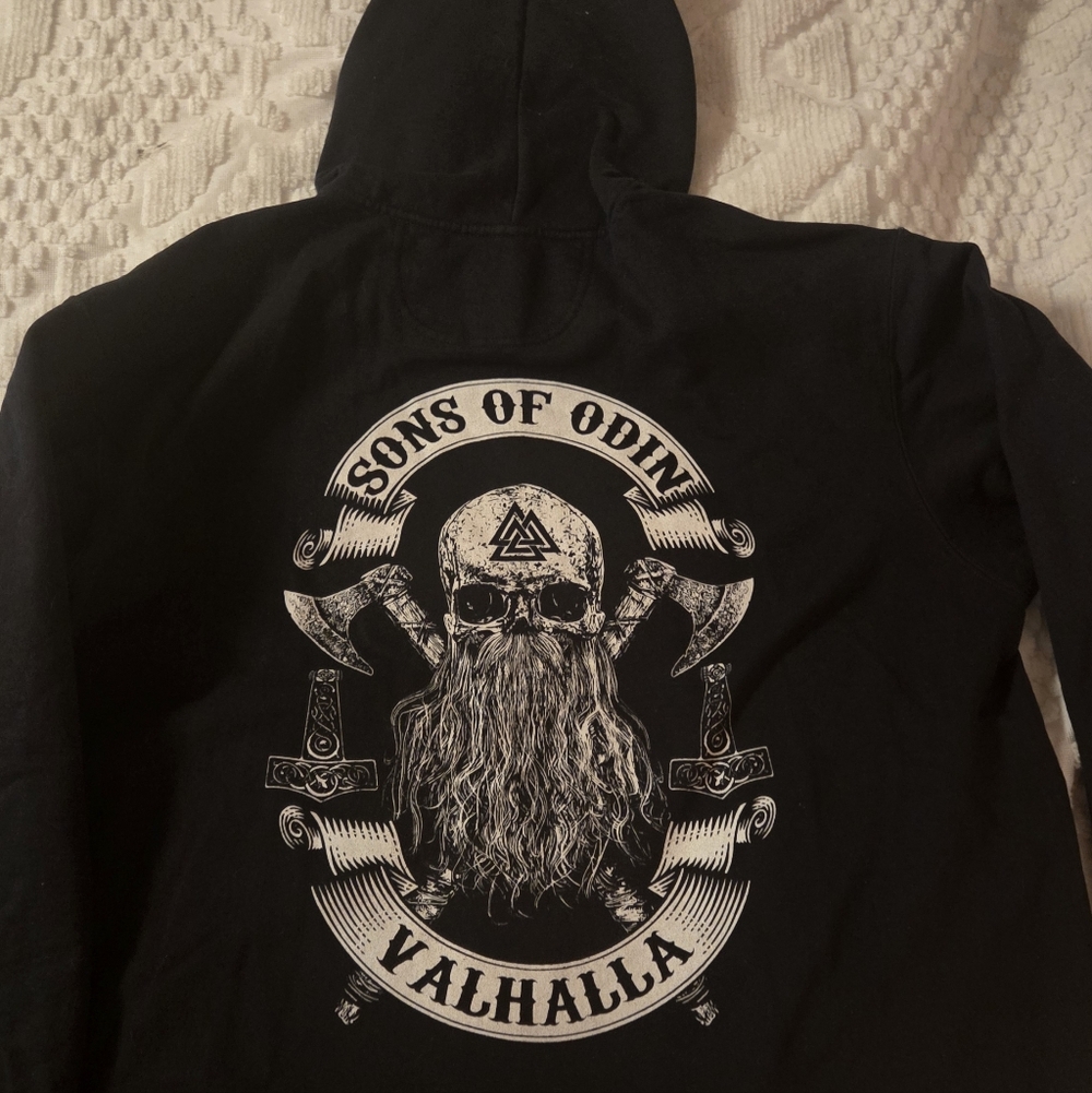 Sons of Odin Valhalla Hoodie Viking Graphic Skull Black Hoodie Men M/L Women XL